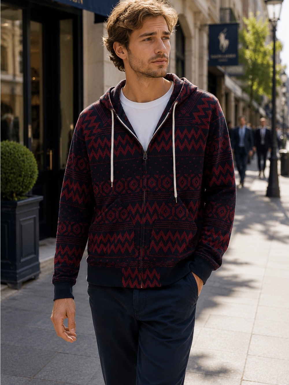 Zara Men Aztec Print Zip Hoodie Large Black Red Soft‎ Stretch
